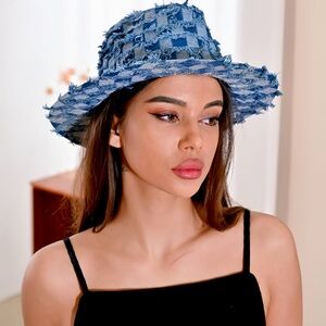 Blue Denim Jean Fringe Western Fedora Hat